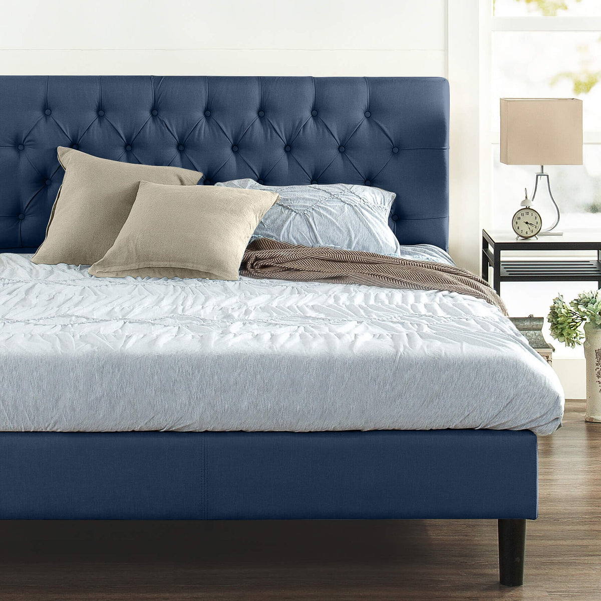 Zinus Harper queen upholstered bed frame - navy blue, tufted headboard, durable support - AU-FTTP-NV-Q