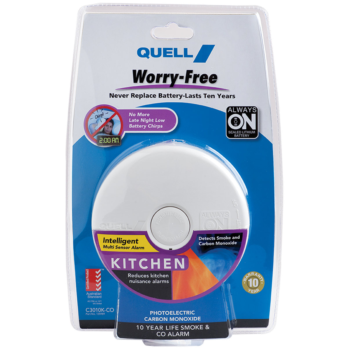 Quell Worry-Free Photoelectric Smoke and Carbon Monoxide Alarm, 85dB White Lithium