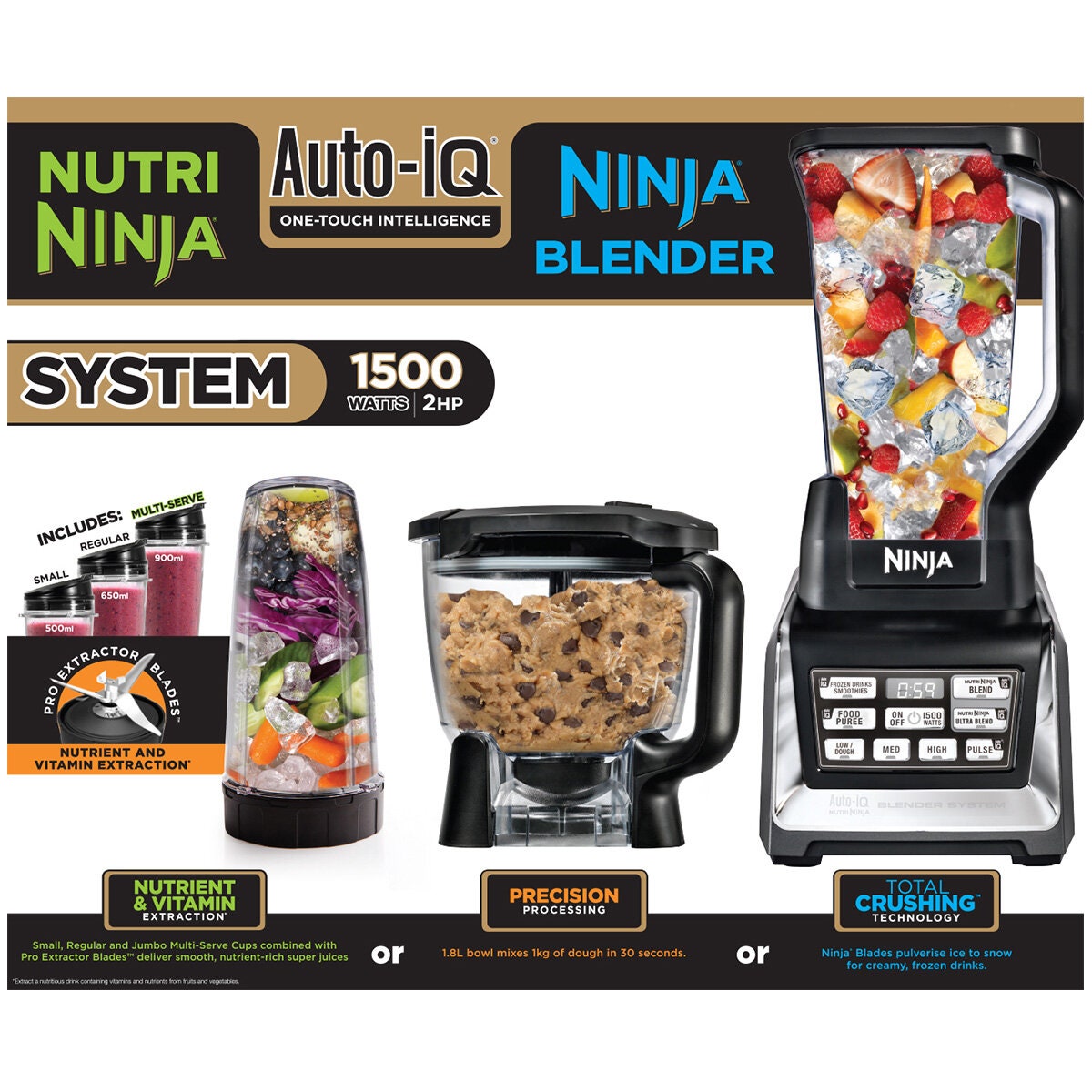 Ninja Blender System with Auto-iQ 1500W - 2.1L Pitcher and 1.8L Food Processor Bowl - Black - BL682