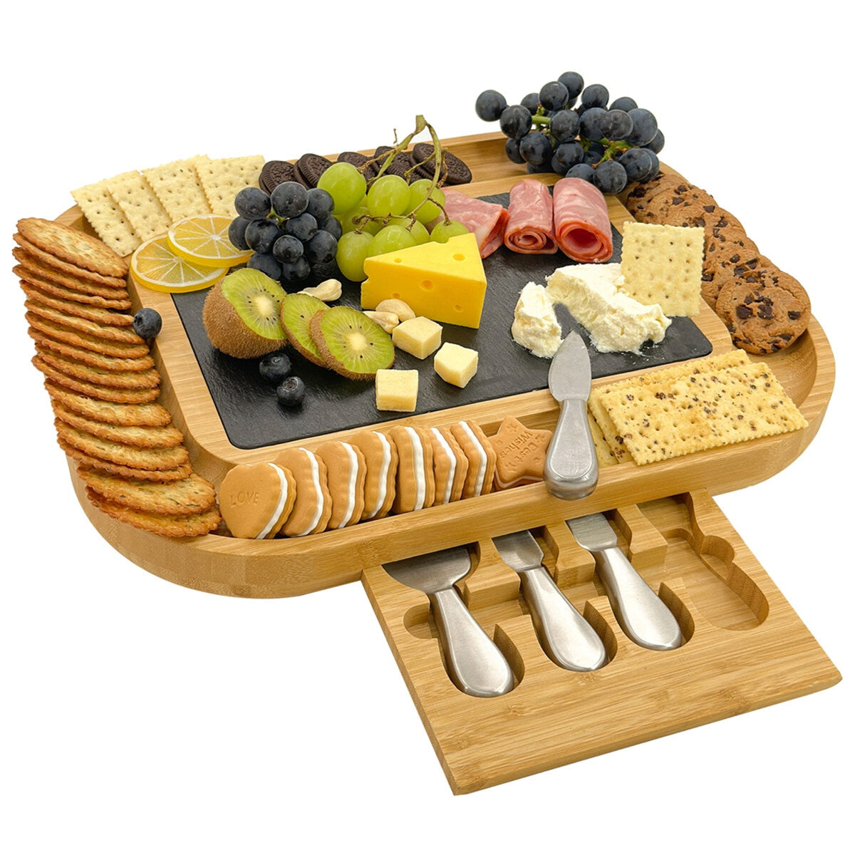Carrara Bamboo Cheese Board 330x430mm with 4 Stainless Steel Knives & Slate Top - SuperSaverAU - view 3