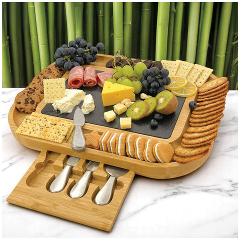 Carrara Bamboo Cheese Board 330x430mm with 4 Stainless Steel Knives & Slate Top - SuperSaverAU - view 1