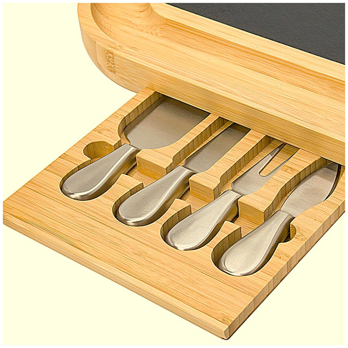 Carrara Bamboo Cheese Board 330x430mm with 4 Stainless Steel Knives & Slate Top - SuperSaverAU - view 6