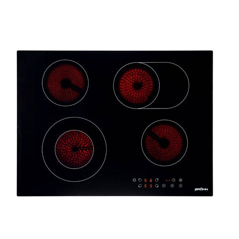 Brohn 70cm Ceramic Cooktop - Black Glass, 4 Zones with Dual Zone, Touch Control, Overflow Detection - 2KC472