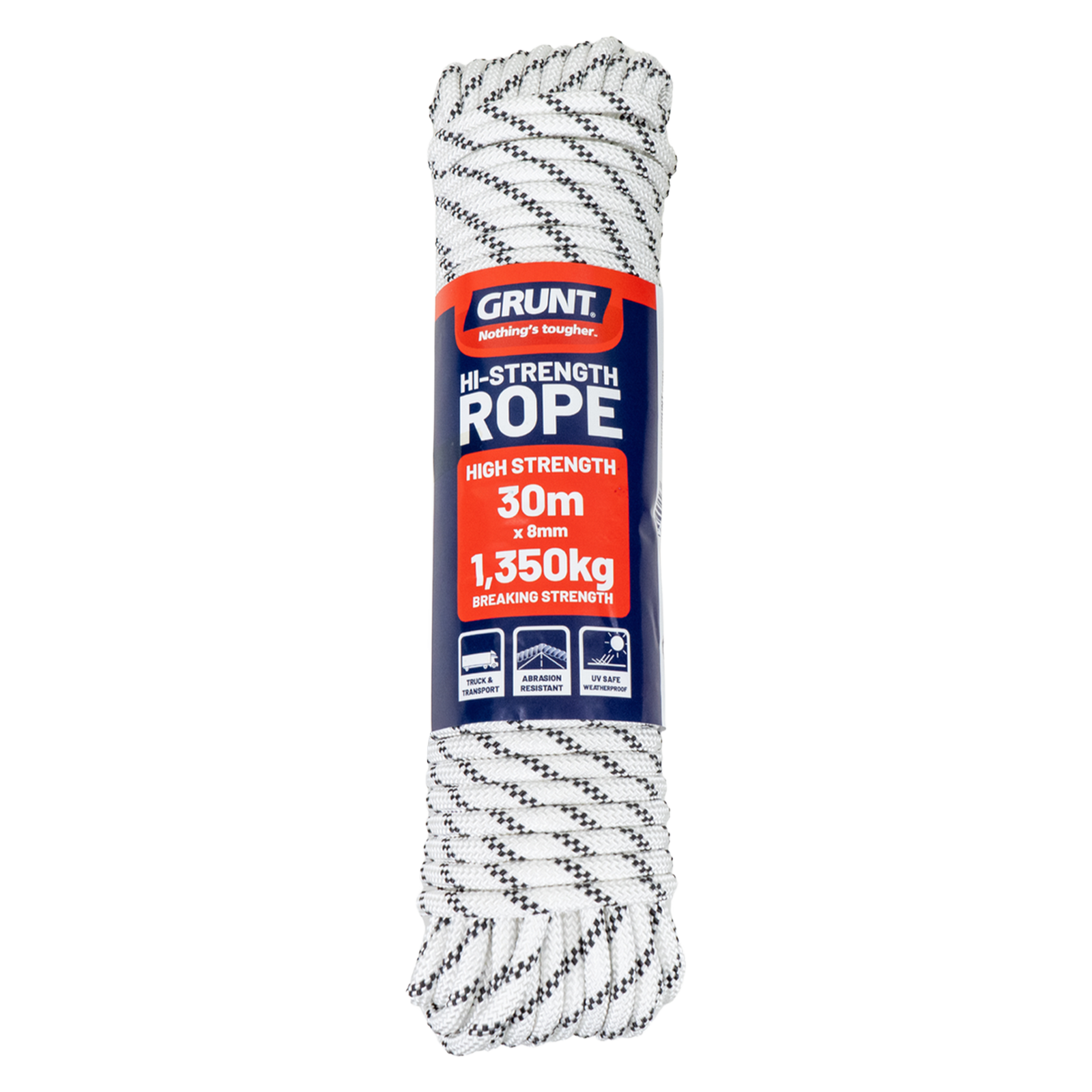 Grunt 8mm x 30m High Strength Rope, White with Black Trace, Polyester, 1350kg Break Strength