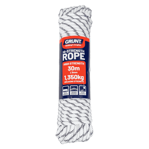 Grunt 8mm x 30m High Strength Rope, White with Black Trace, Polyester, 1350kg Break Strength