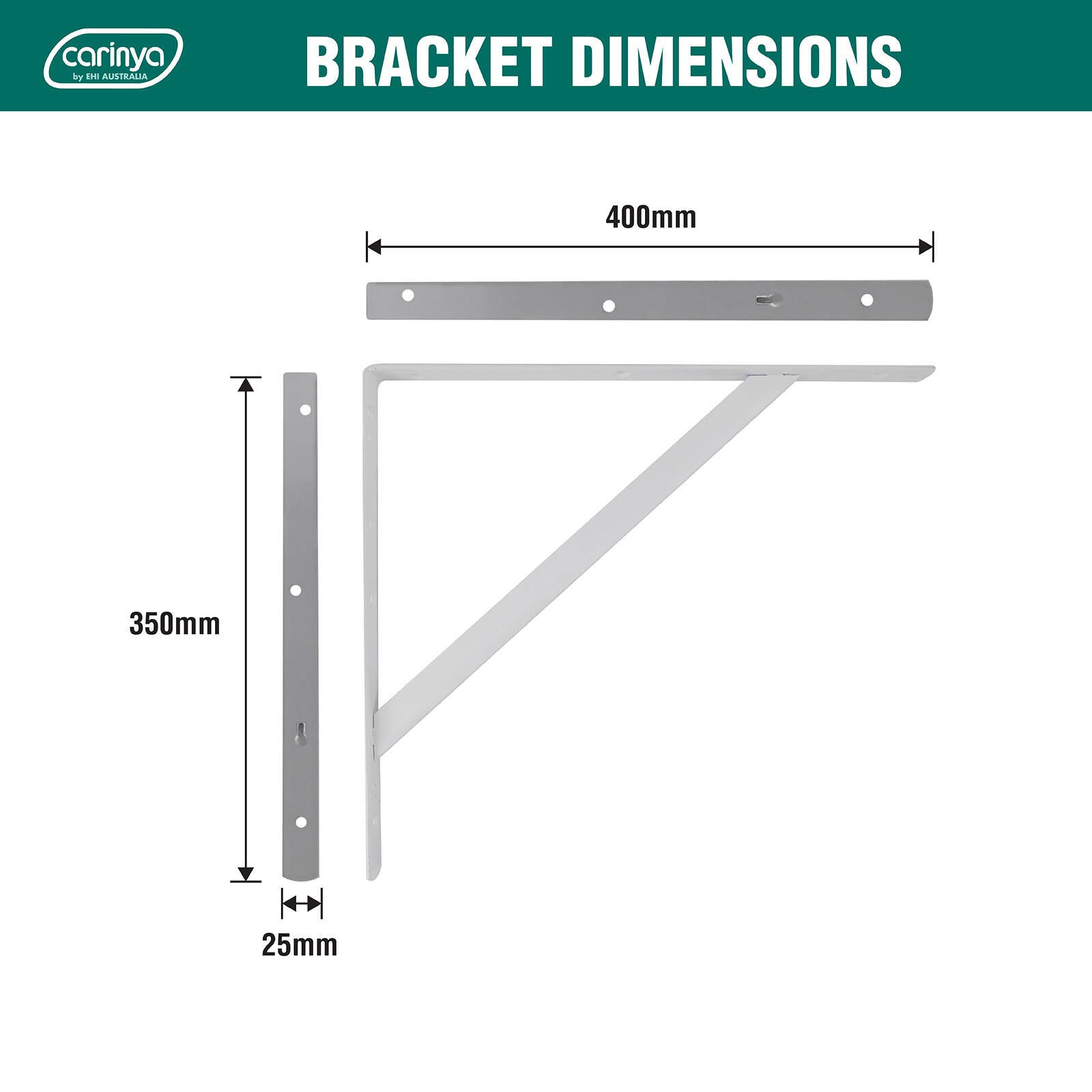 Carinya 400 x 350mm White Straight Stayed Bracket, Powder Coated Steel, 100kg, Multi-Orientation