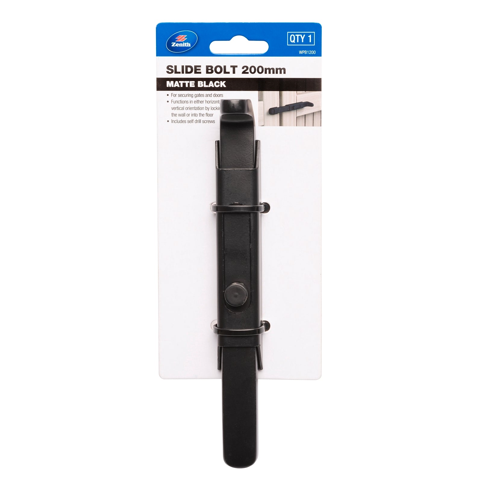 Zenith 200mm Matte Black Steel Slide Bolt