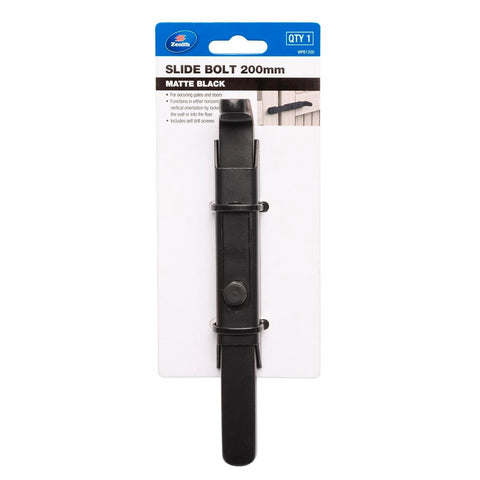Zenith 200mm Matte Black Steel Slide Bolt