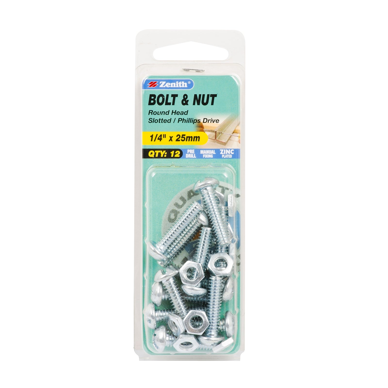 Zenith 1/4" x 25mm Zinc Plated Round Head Bolt and Nut - Steel, 12 Pack