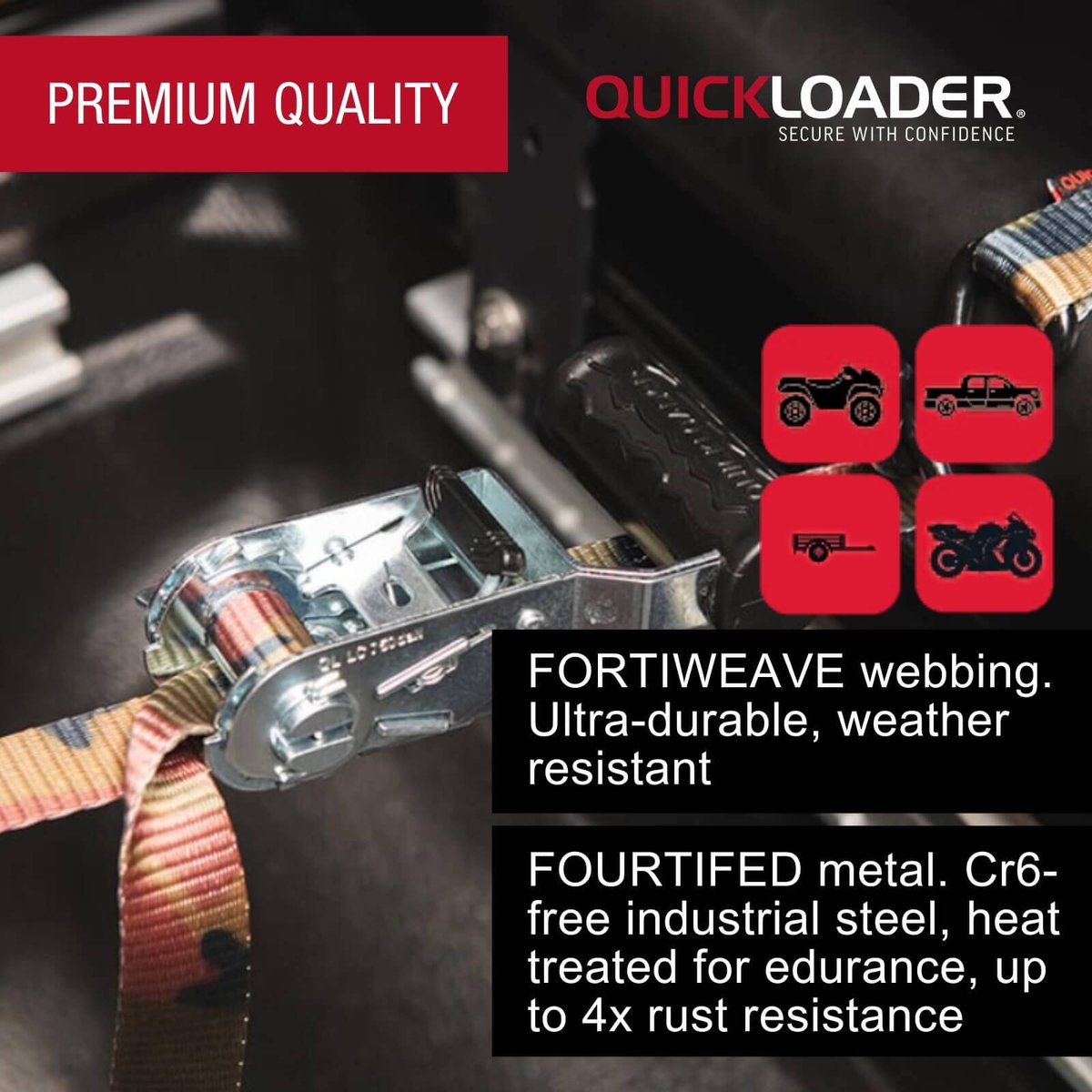 Quickloader Hybrid Ratchet Tie Down Strap 5m 450kg - Red