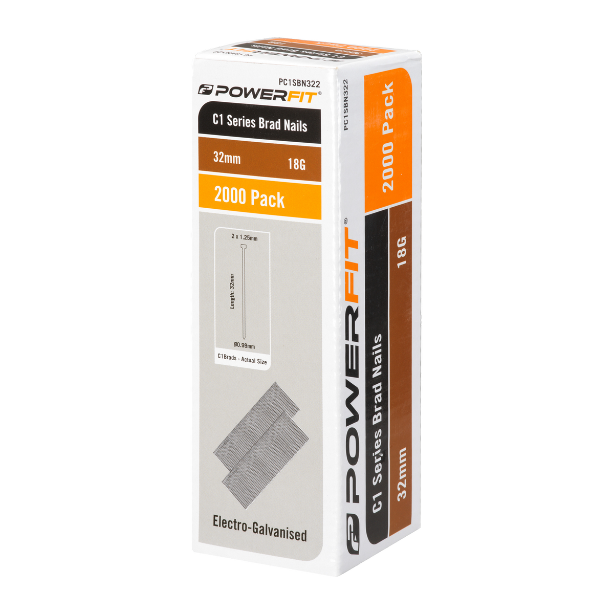 PowerFit 32mm C1 Series Brad Nails 18 Gauge Electro-Galvanised - 2000 Pack
