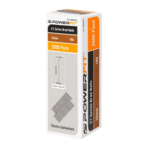 PowerFit 32mm C1 Series Brad Nails 18 Gauge Electro-Galvanised - 2000 Pack