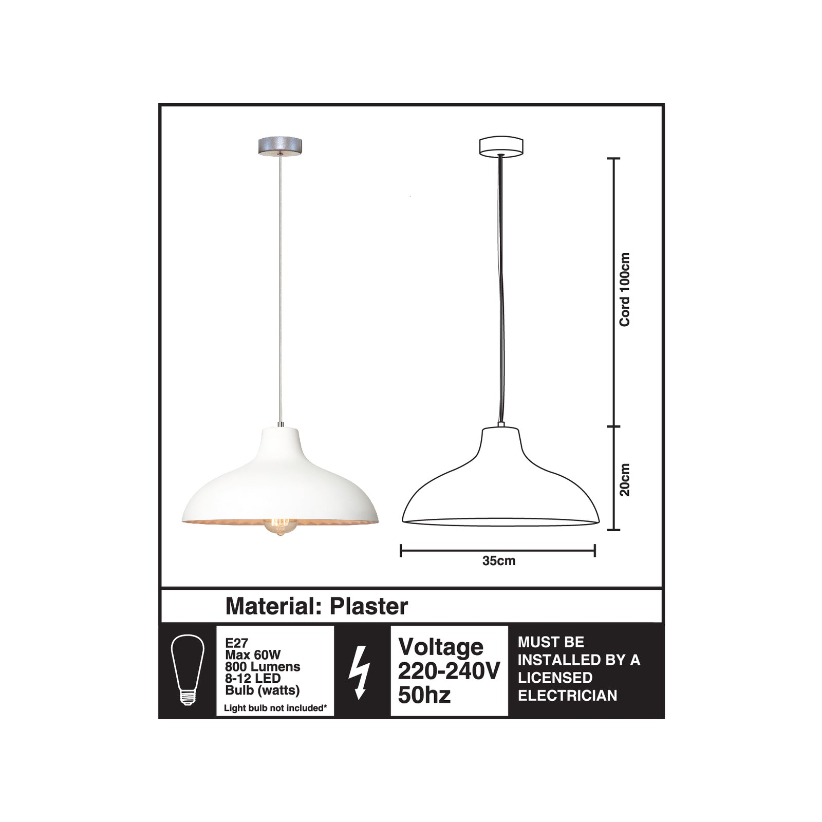 Home Design Bianco Pendant Light 350mm Plaster E27 240V Adjustable Indoor
