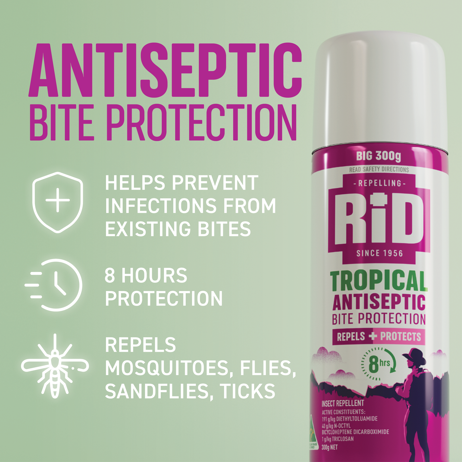 RID 300g Tropical Antiseptic Bite Protection Aerosol Insect Repellent