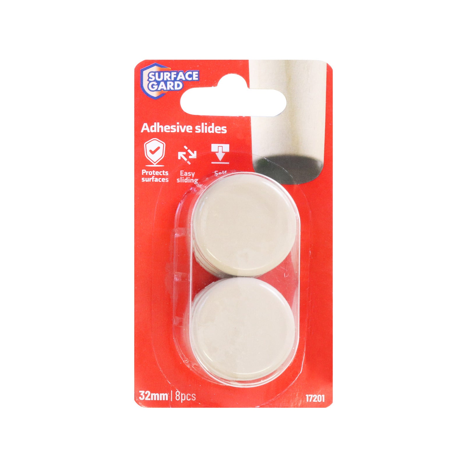 Surface Gard 32mm Round Self Adhesive Plastic Sliders, Suits 32mm Legs, 8 Pack