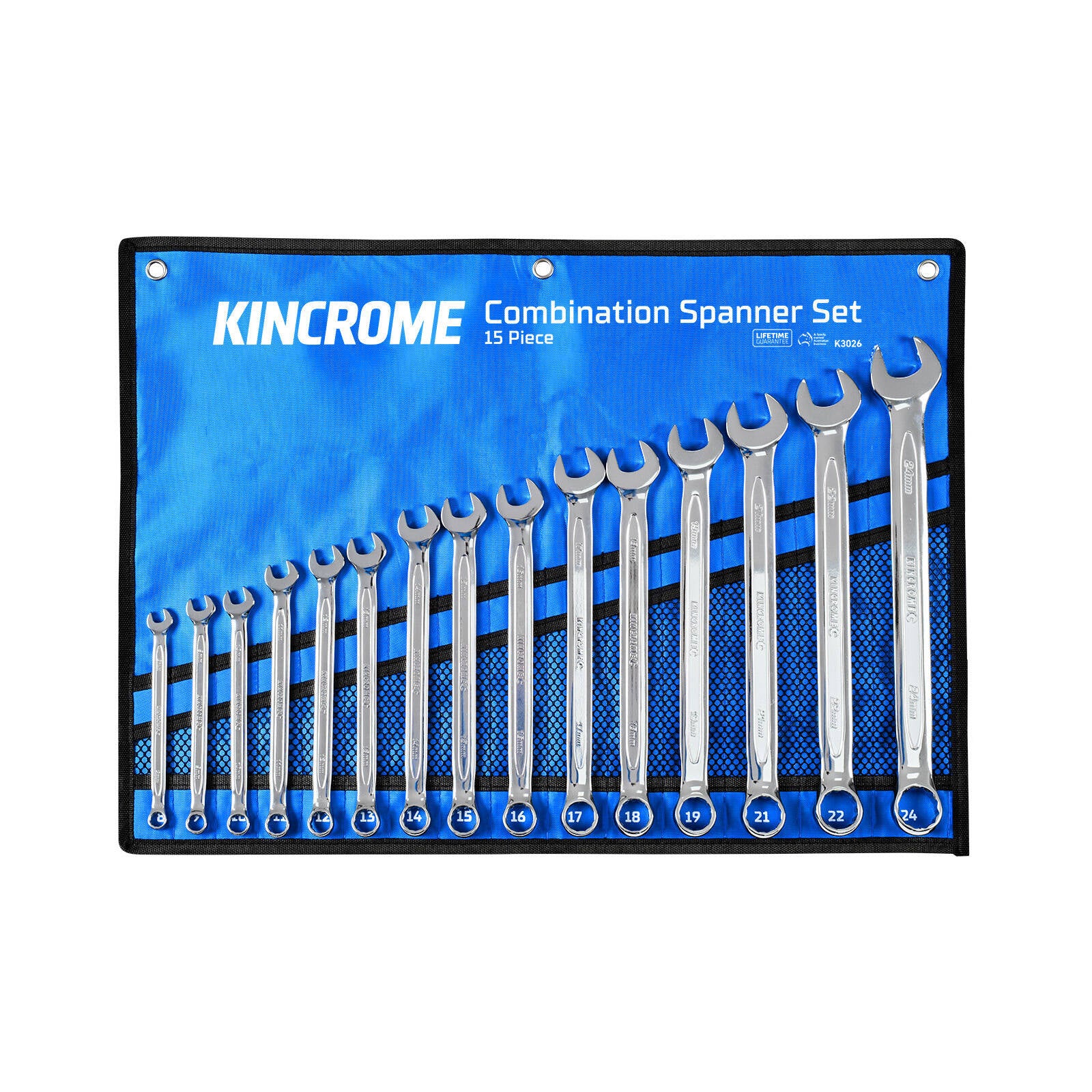 Kincrome 15 Piece Metric Chrome Vanadium Combination Spanner Set with Case