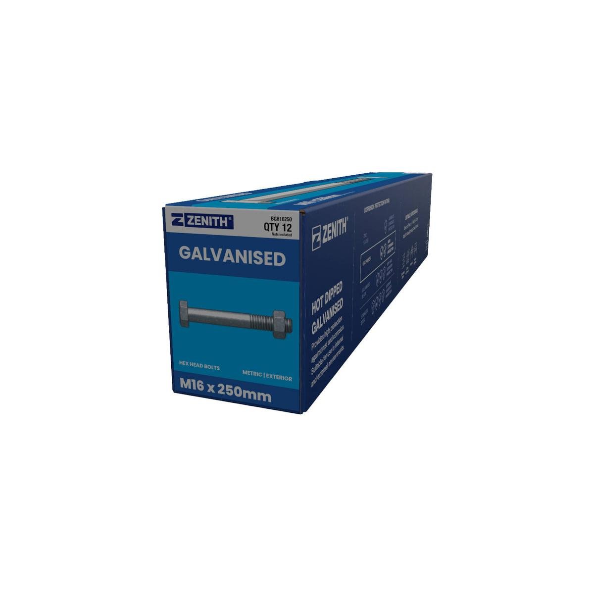 Zenith M16 x 250mm Hot Dip Galvanised Hex Head Bolts and Nuts 12 Pack - SuperSaverAU - view 1