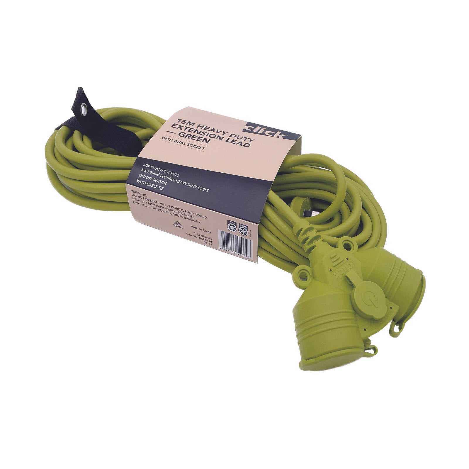 Click 15m Green Heavy Duty Extension Lead with Dual Socket 10A 2400W