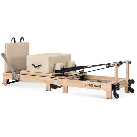 LSG Fitness Foldable Pilates Reformer - Beige, Oak Frame, Adjustable Resistance, Wheels - LGRF-GPR500