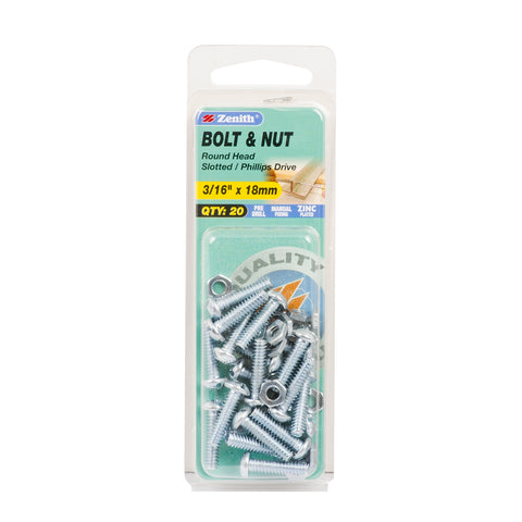 Zenith 3/16" x 18mm Zinc Plated Round Head Bolt and Nut - 20 Pack