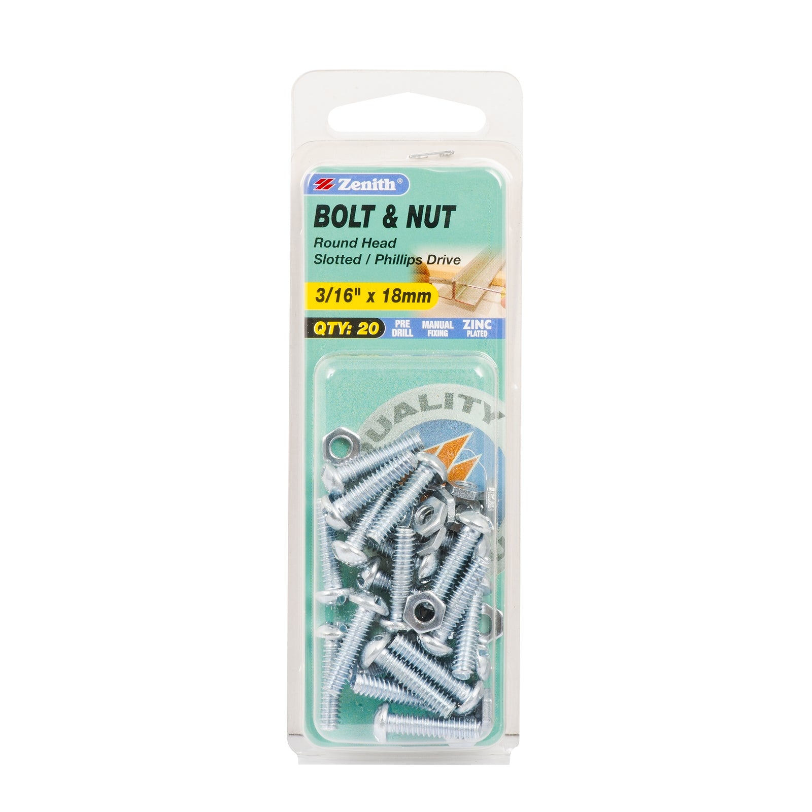 Zenith 3/16" x 18mm Zinc Plated Round Head Bolt and Nut - 20 Pack