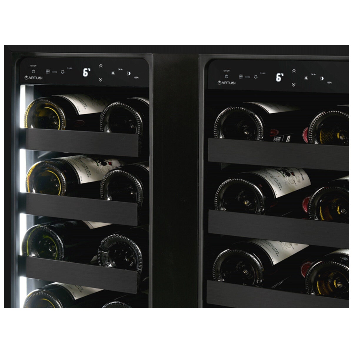 Artusi 36 bottle dual zone wine fridge - matte black, side by side doors, touch controls - AWC36BV
