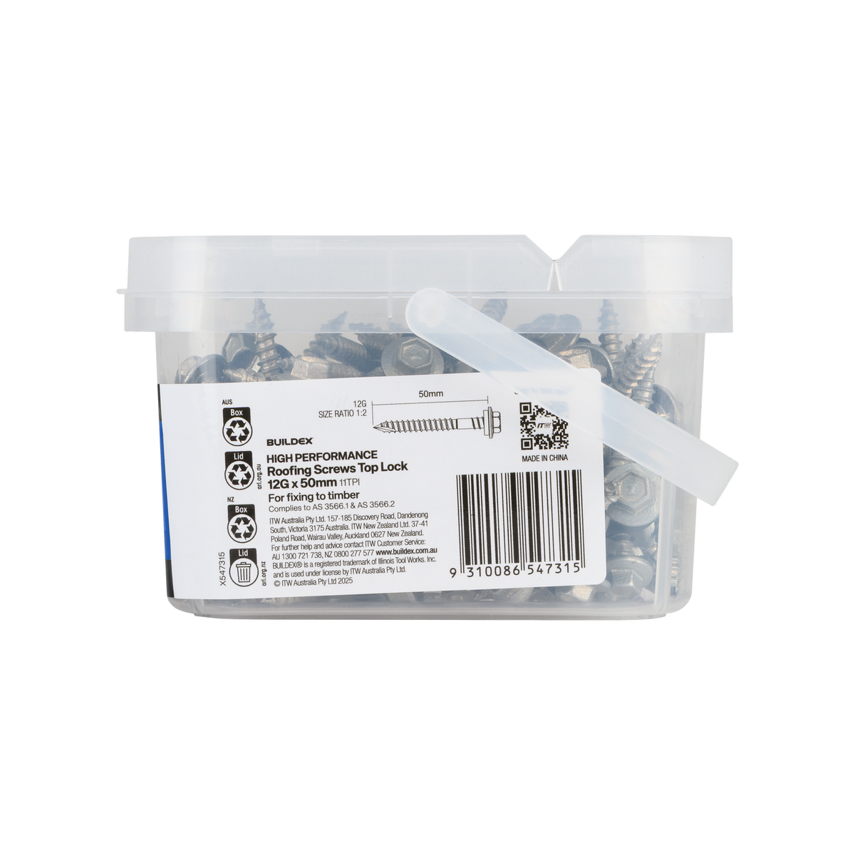 Buildex 12G x 50mm Class 4 Top Lock Hex Head Roofing Screws with Seal, 100 Pack