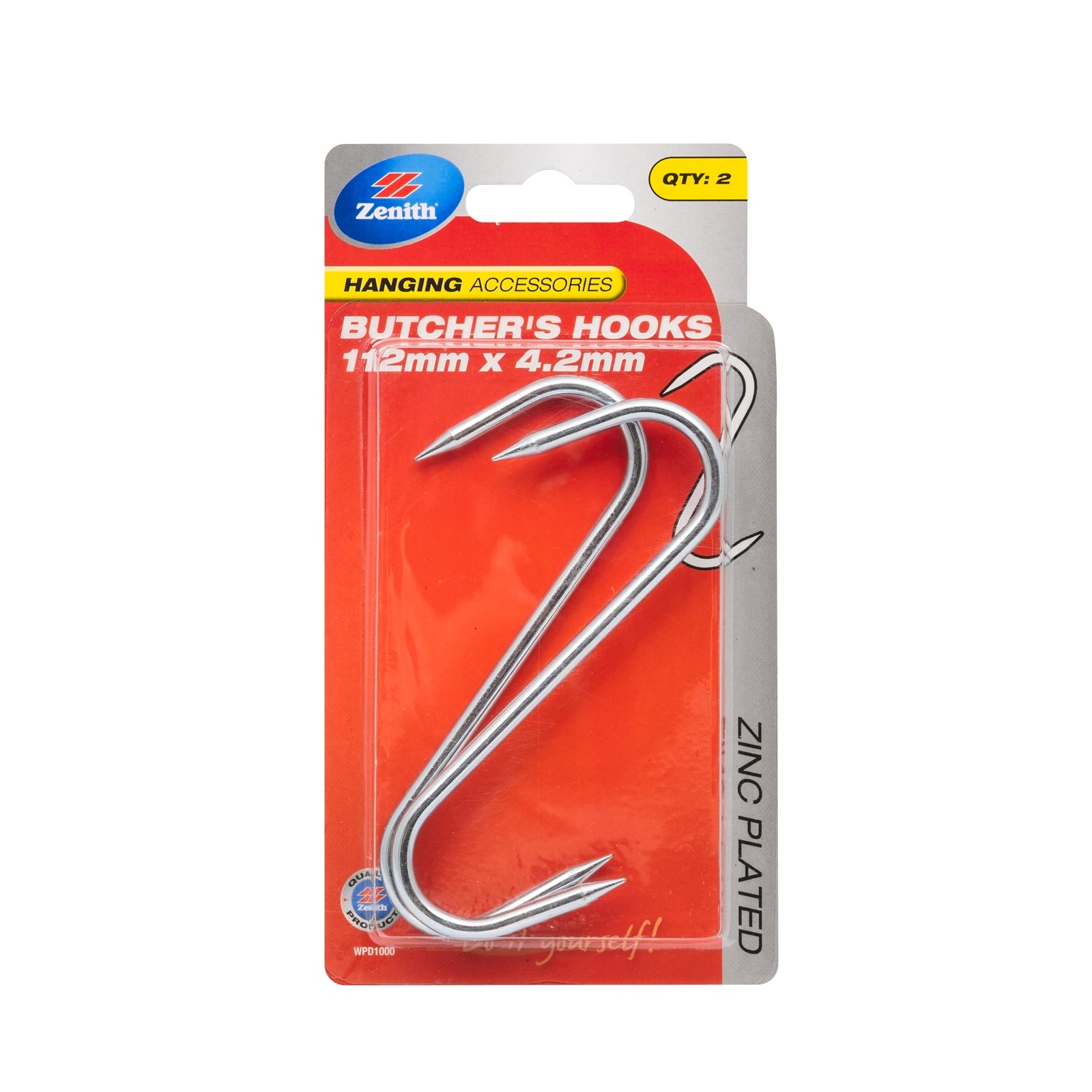 Zenith 112 x 4.2mm Zinc Plated Steel Small Butcher's Hook, 2 Pack