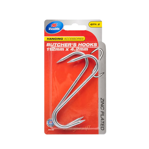 Zenith 112 x 4.2mm Zinc Plated Steel Small Butcher's Hook, 2 Pack