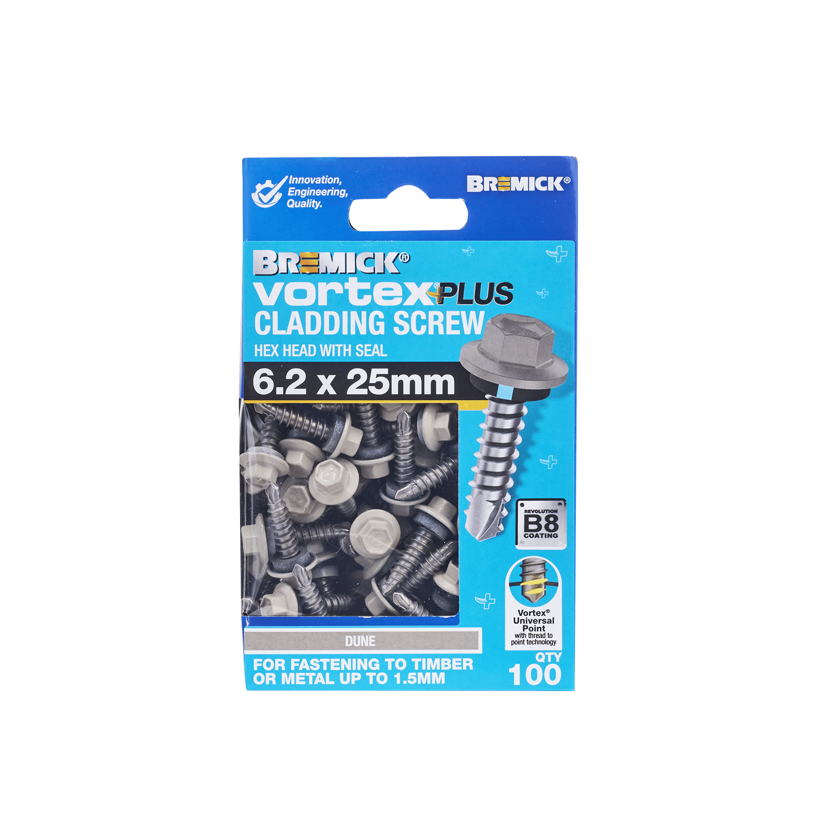 Bremick Vortex Plus 6.2 x 25mm Hex Cladding Screw, Carbon Steel B8 Dune, Sealed Head Vortex Point - 100 Box