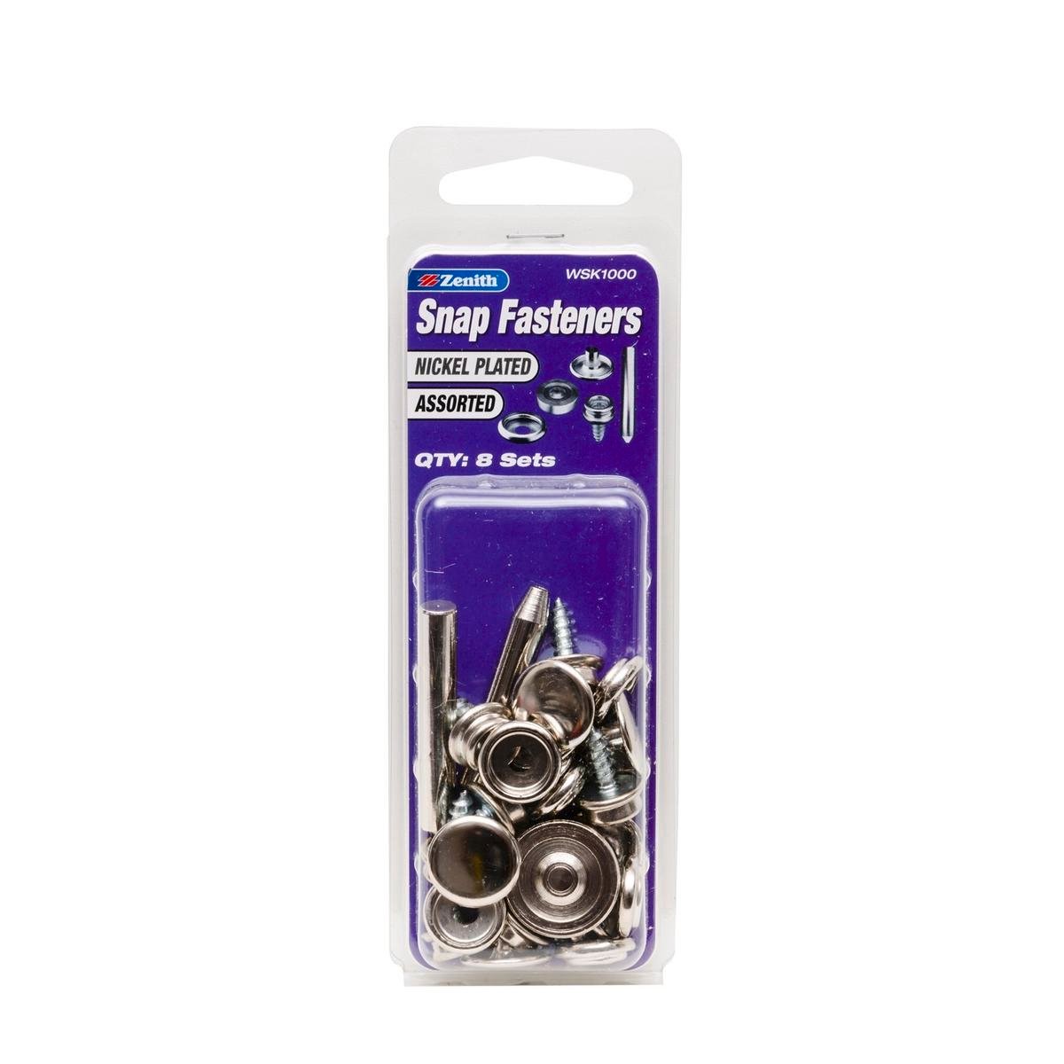 Zenith Assorted Nickel Plated Brass Snap Fastener Screw Kit with Tool, 15 Sets