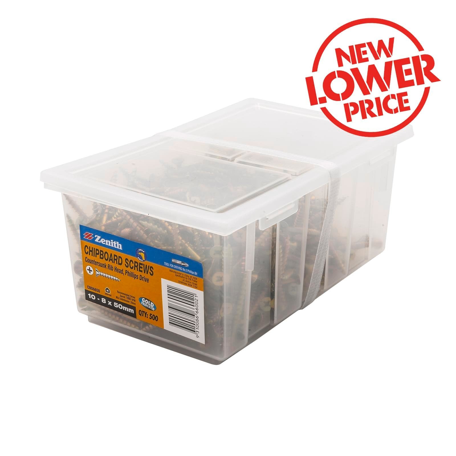 Zenith 10-8 x 50mm Gold Passivated Countersunk Rib Head Chipboard Screws - 500 Pack