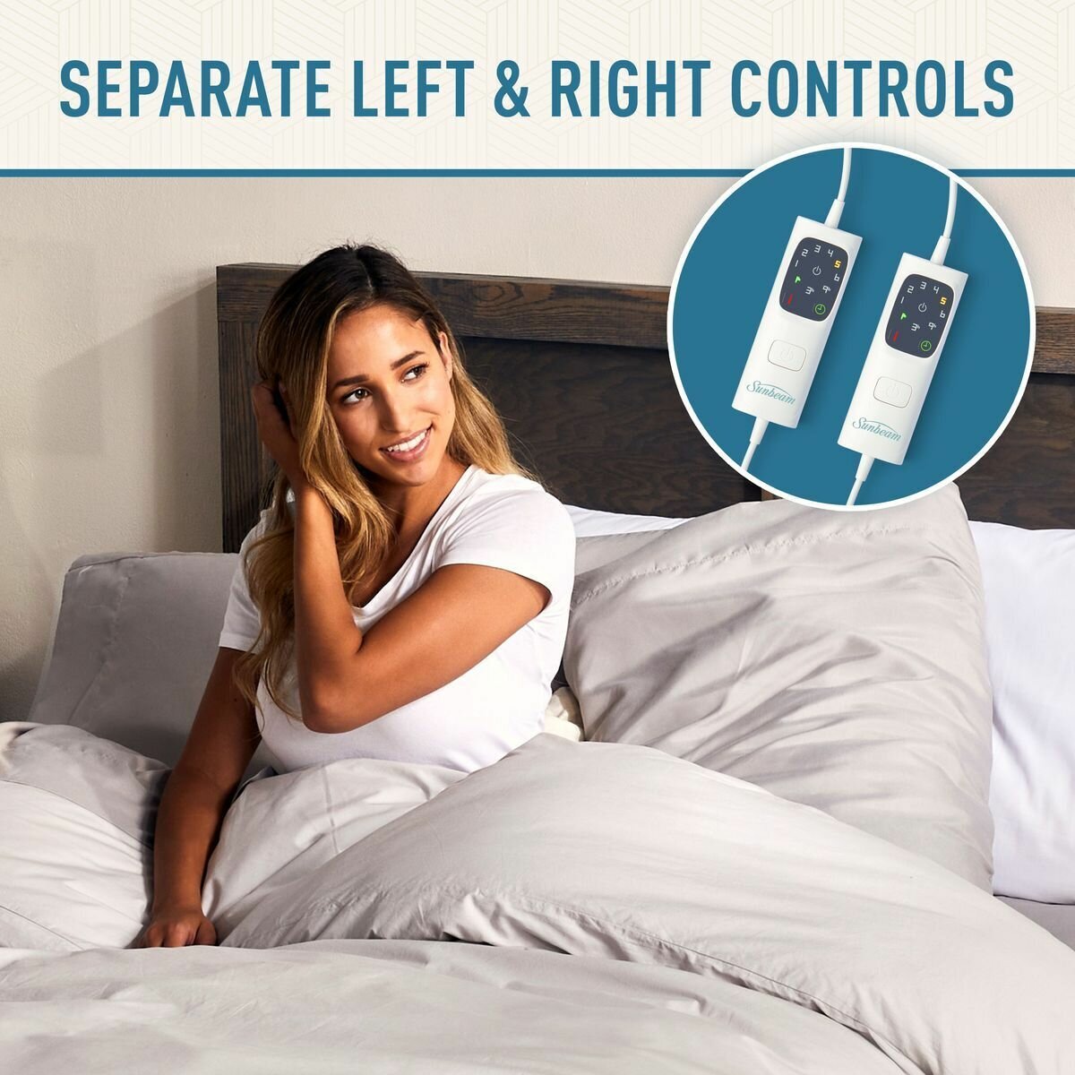 Sunbeam Sleep Perfect Queen Electric Blanket - Antibacterial, 6 Heat Settings, Dual Controls - BLA6351