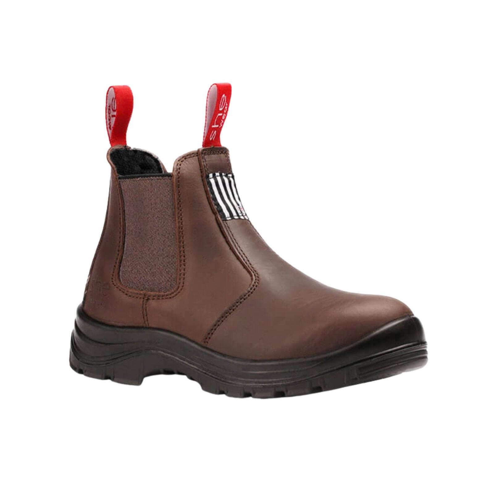 she wear Inspires Womens Pull-On Safety Work Boots Brown Crazy Horse Leather Steel Cap Size 8/39
