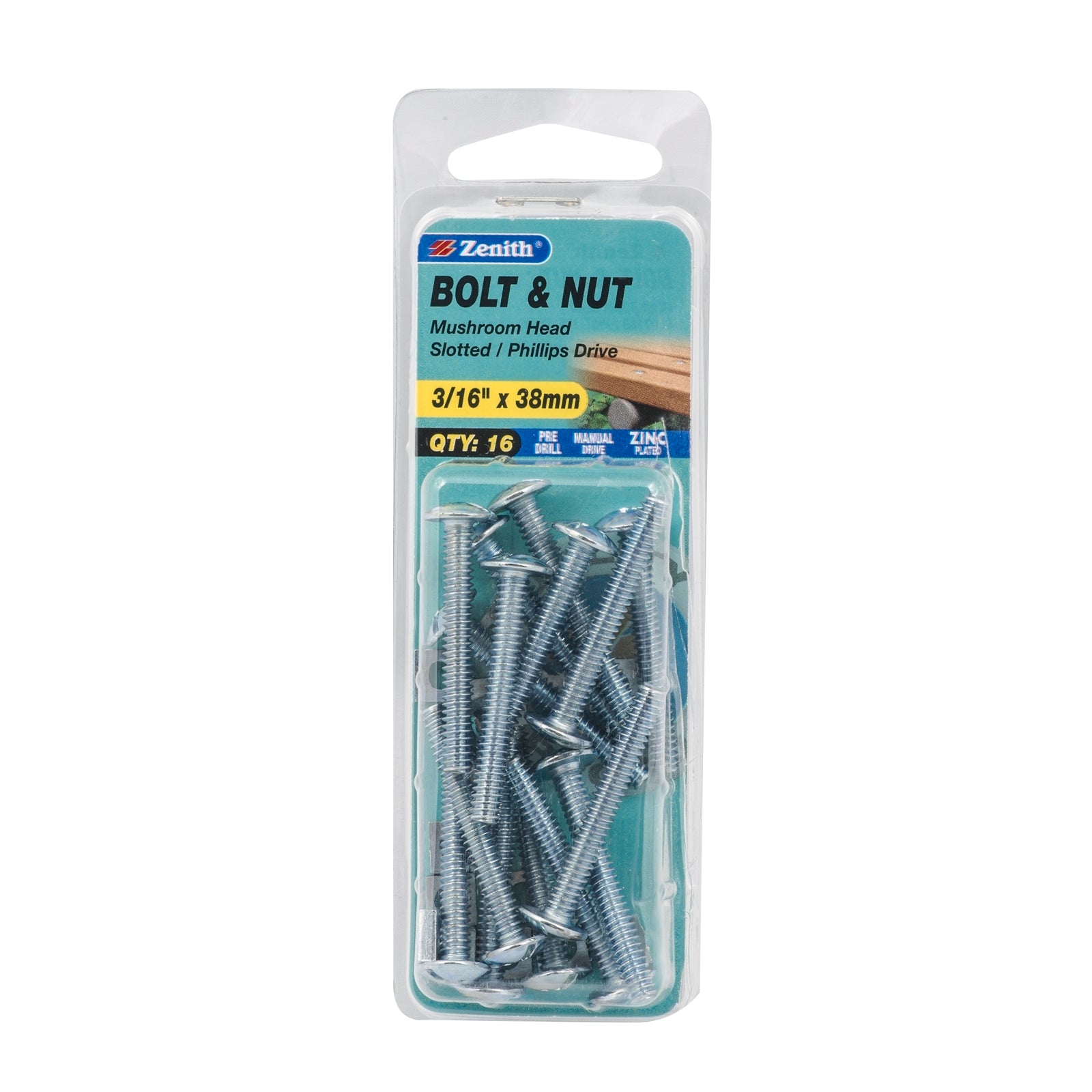 Zenith 3/16" x 38mm Zinc Plated Mushroom Head Bolt and Nut - 16 Pack