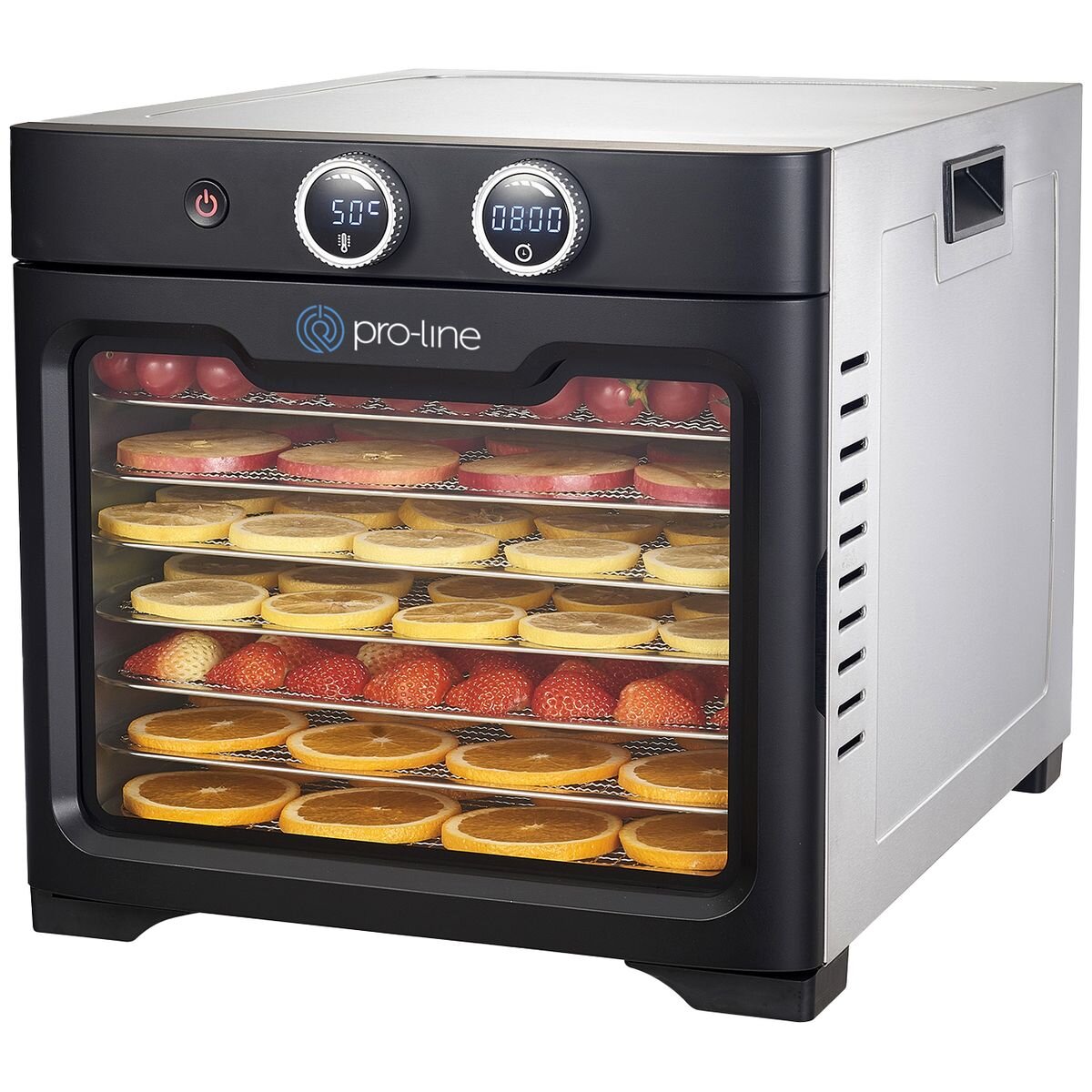 Proline 8 tray food dehydrator 800W - Stainless steel body - Glass door, 5 minute to 24 hour timer - DH-C8