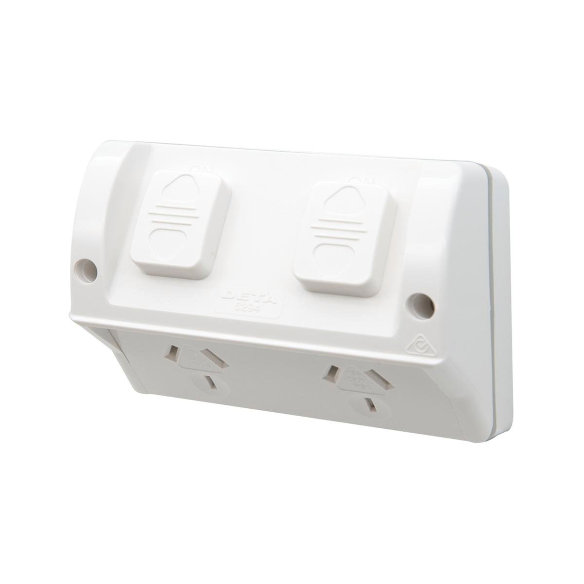 DETA Outdoor Double Powerpoint Shallow Mounting Box and Bracket White 10A 6294BSK