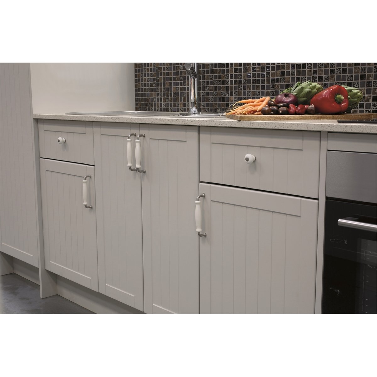 Prestige 128mm Brushed Nickel White Porcelain Cabinet Handle - Card of 4