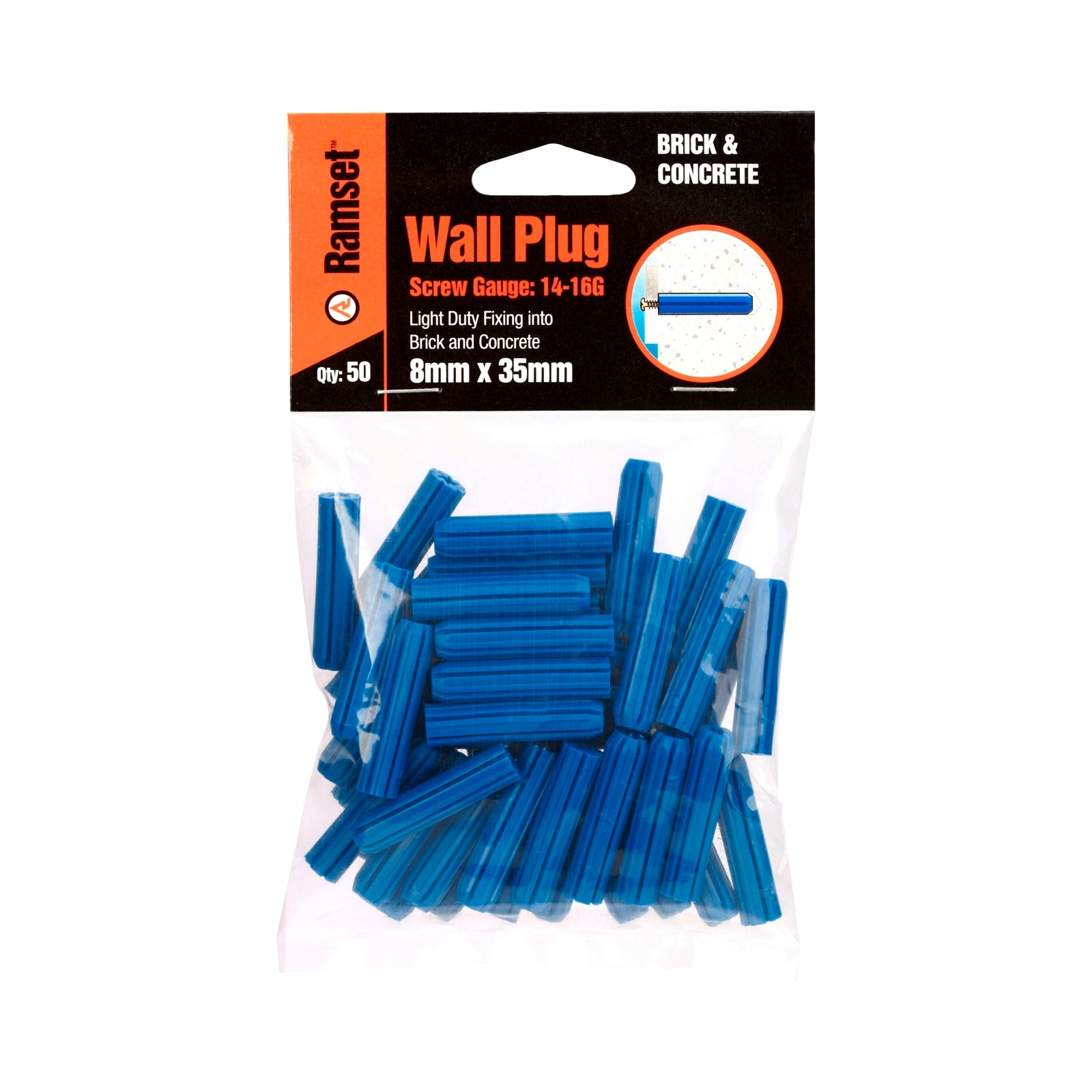 Ramset 8 x 35mm Blue Plastic Wall Plugs - 50 Pack
