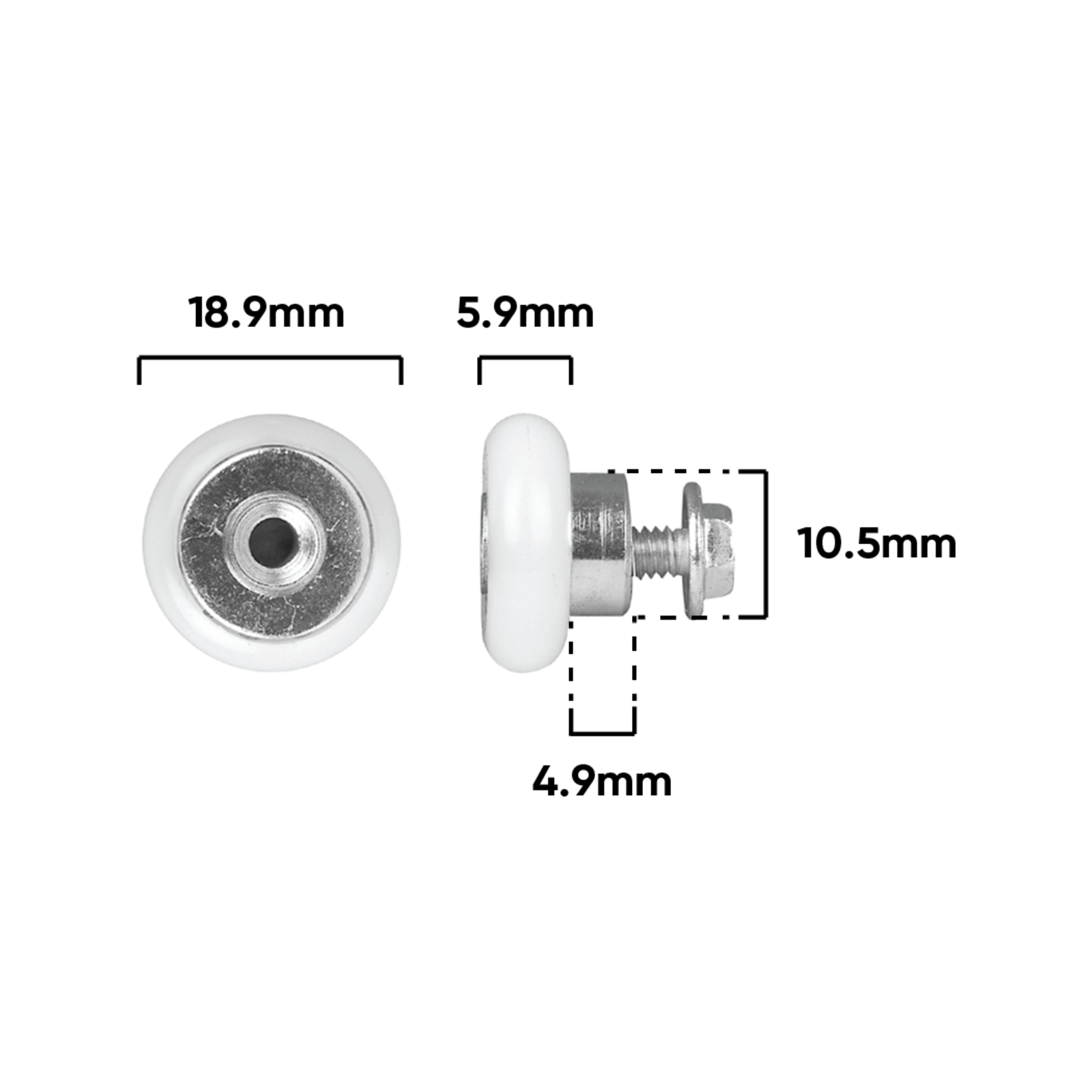 Rolltrak 19mm White Acetal Convex Roller with Threaded Stud, Shower Screen Door