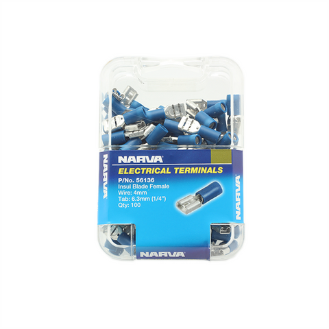 Narva Blue Double Crimped Female Blade Terminal, 4mm, 6.3 x 0.8mm, 100 Pack