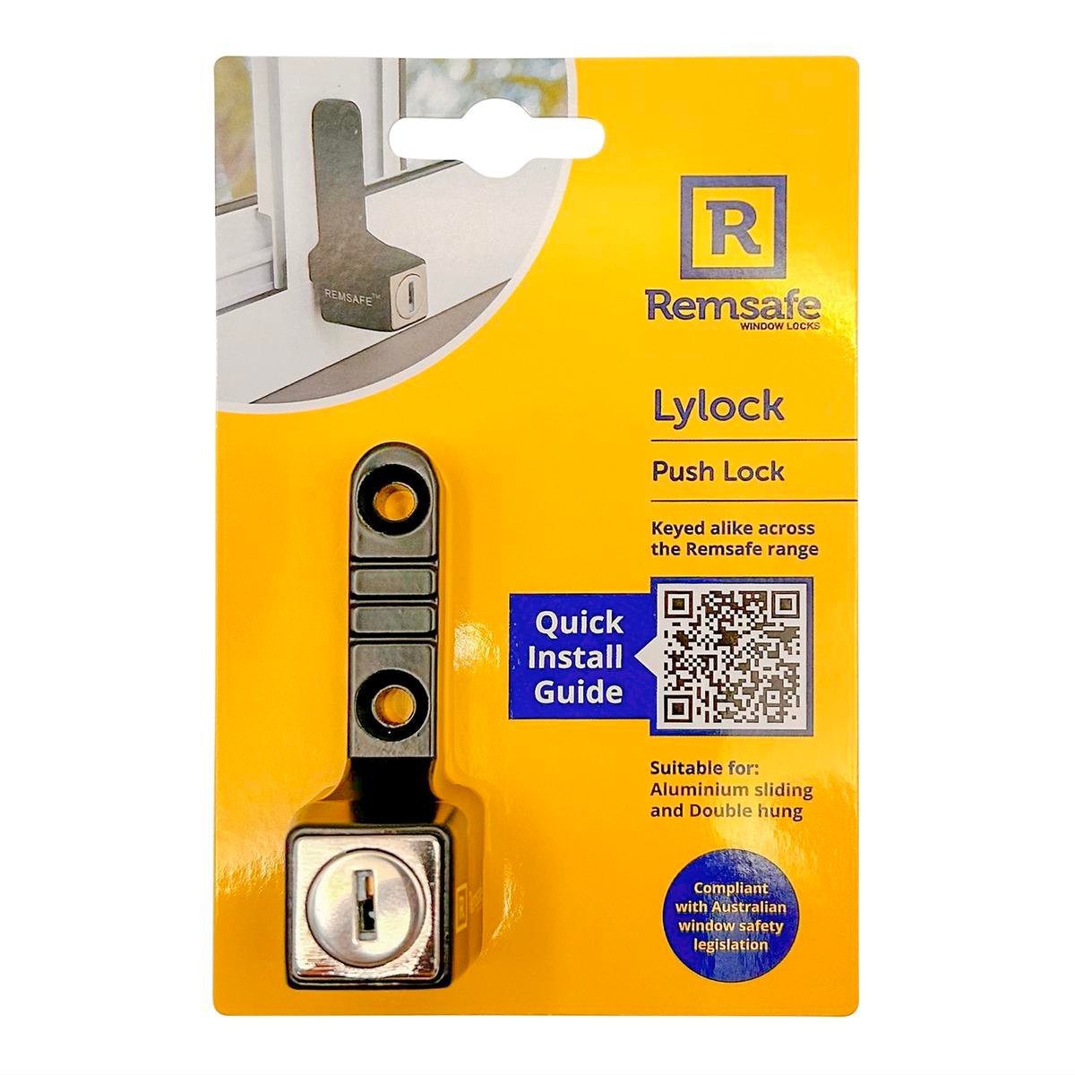 Remsafe Black Lylock Push Lock Window Restrictor Powdercoat Steel Keyed
