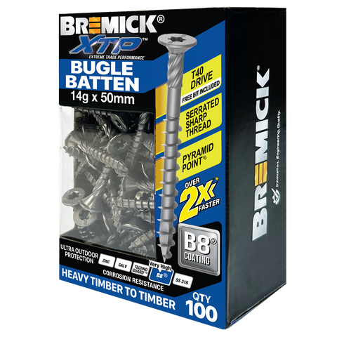 Bremick XTP 14g x 50mm T40 B8 Bugle Batten Screws Carbon Steel - 100 Pack