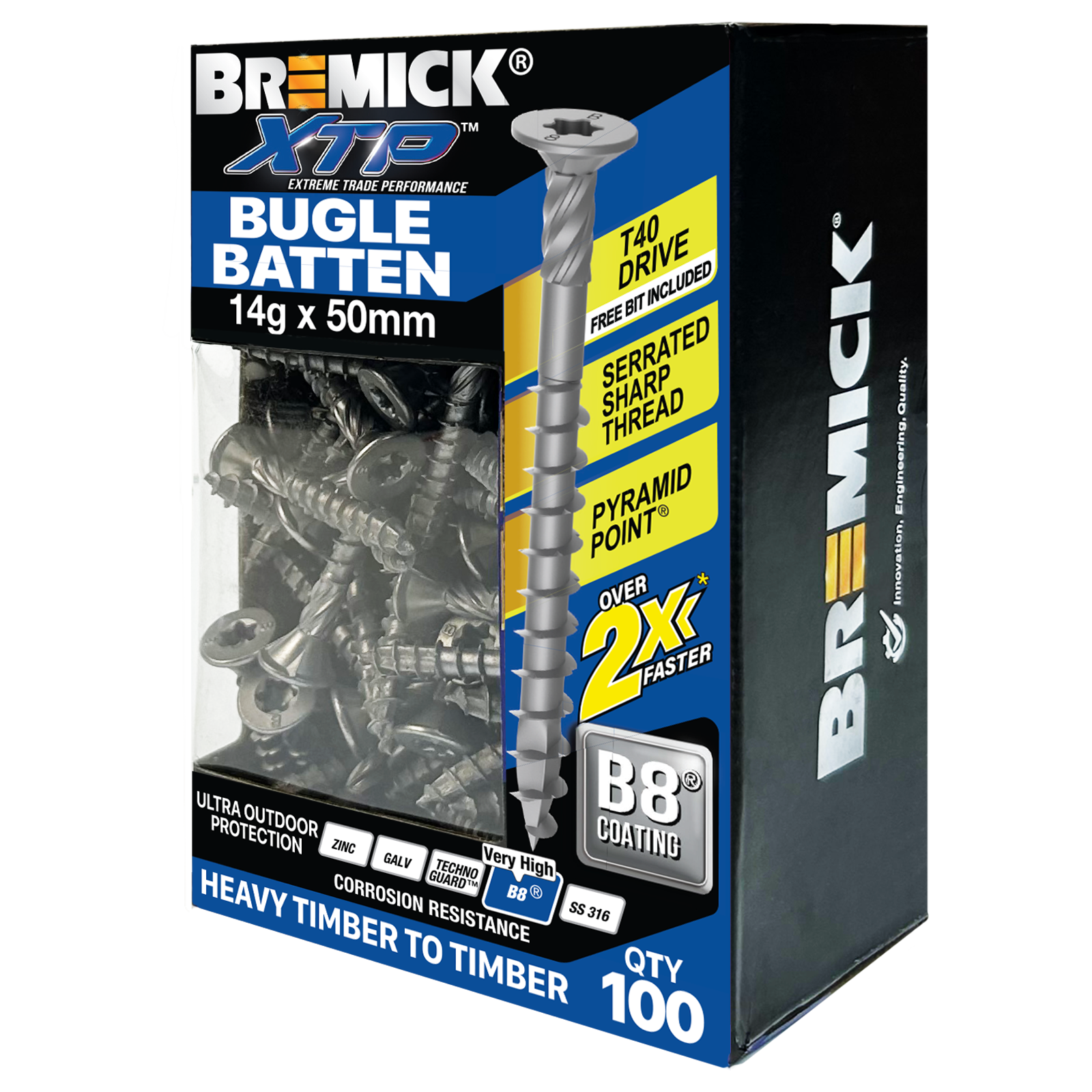 Bremick XTP 14g x 50mm T40 B8 Bugle Batten Screws Carbon Steel - 100 Pack