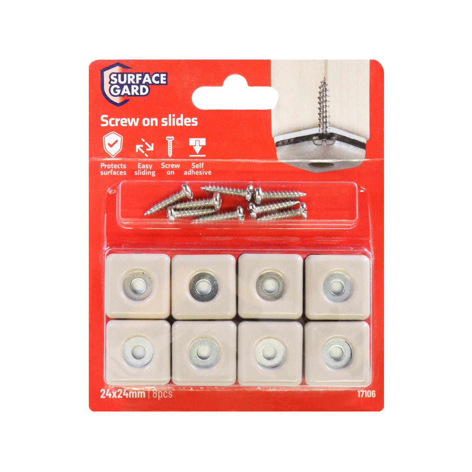 Surface Gard 25mm Square Slide Glide With Screws, Grey, 8 Pack