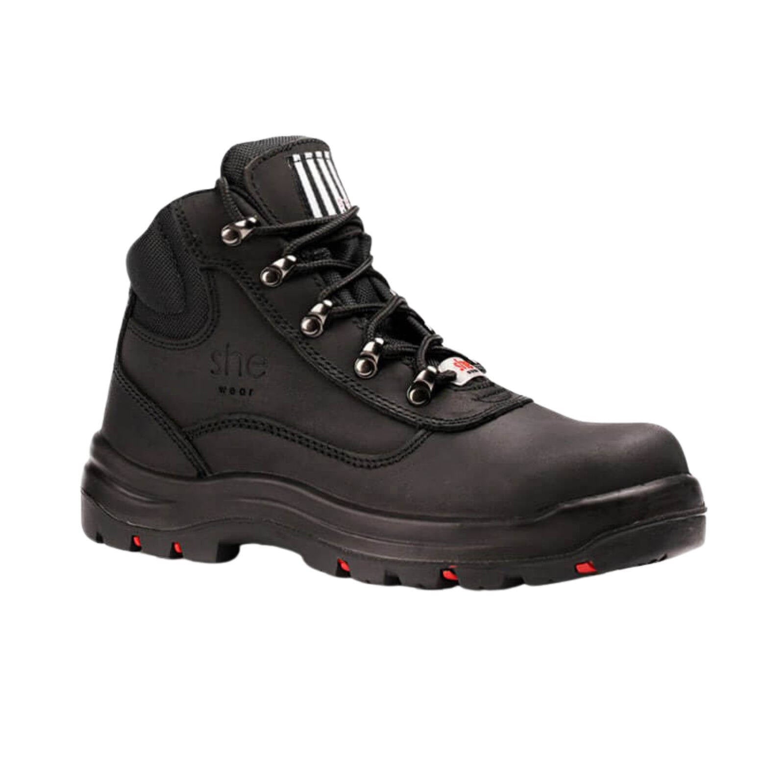 she wear Does Women's Wide-Fit Safety Work Boots, Hiker Style, Nubuck Leather, Steel Cap, Black Size 10