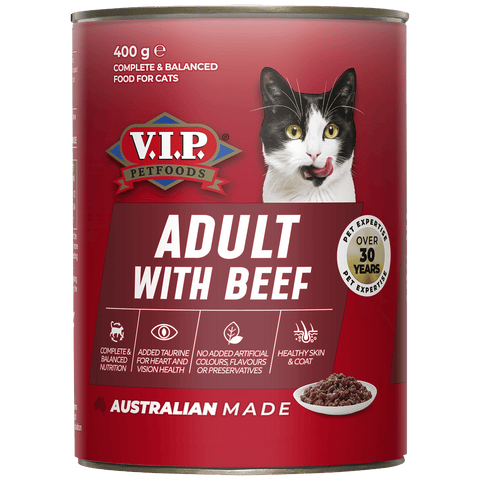 VIP Beef Flavour Adult Wet Cat Food - 12 x 400g, Complete Nutrition, Australian Made
