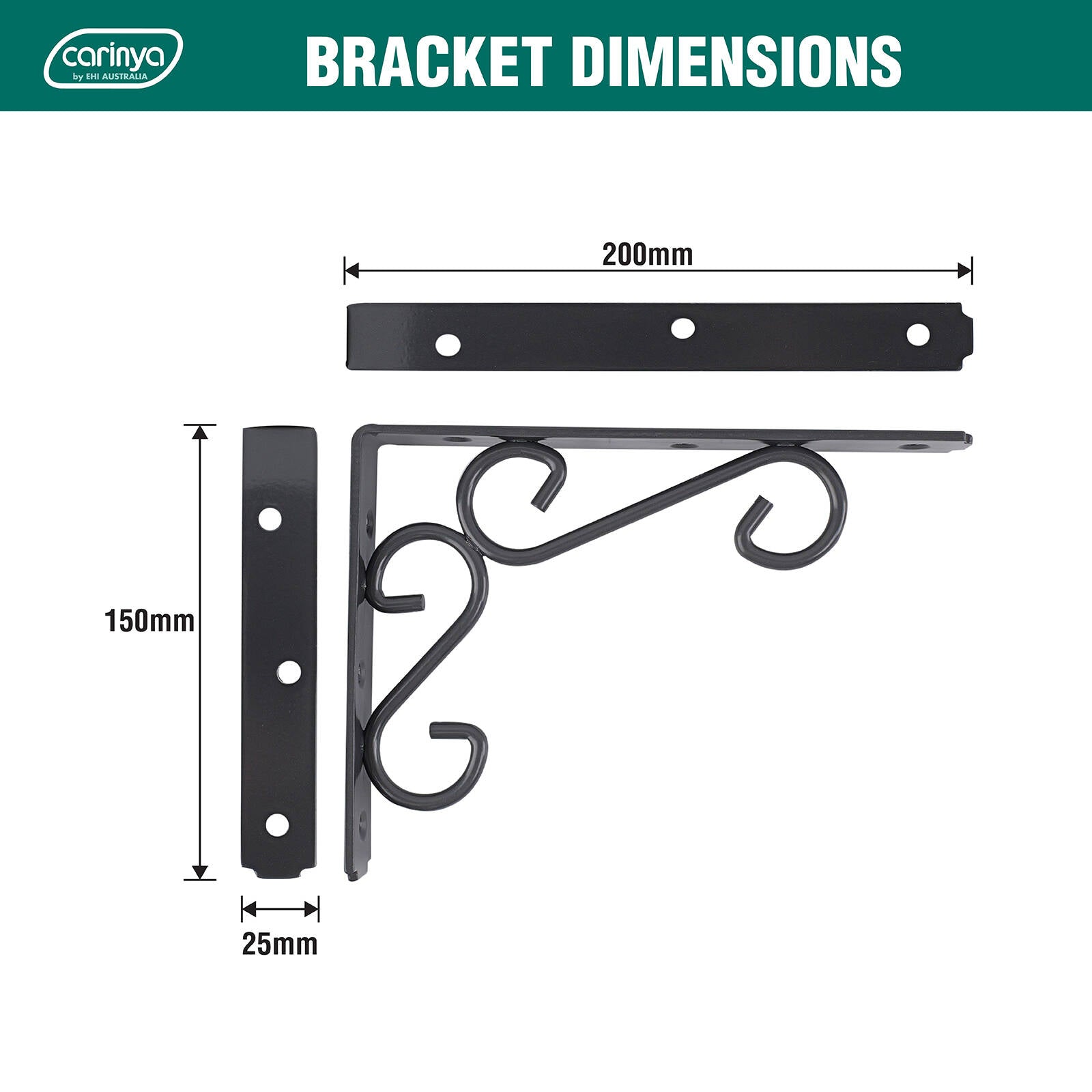 Carinya 200 x 150mm Dark Grey Powder Coated Steel Scroll Stayed Bracket 200kg