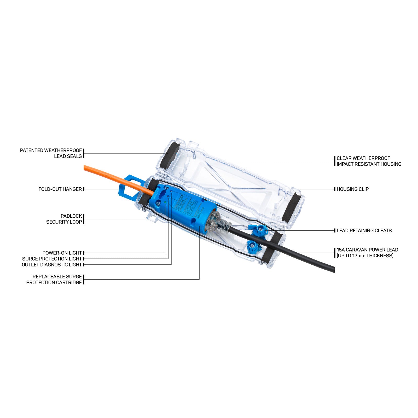 Ampfibian 15A Weatherproof Caravan Surge Protector with Outlet Tester 79696
