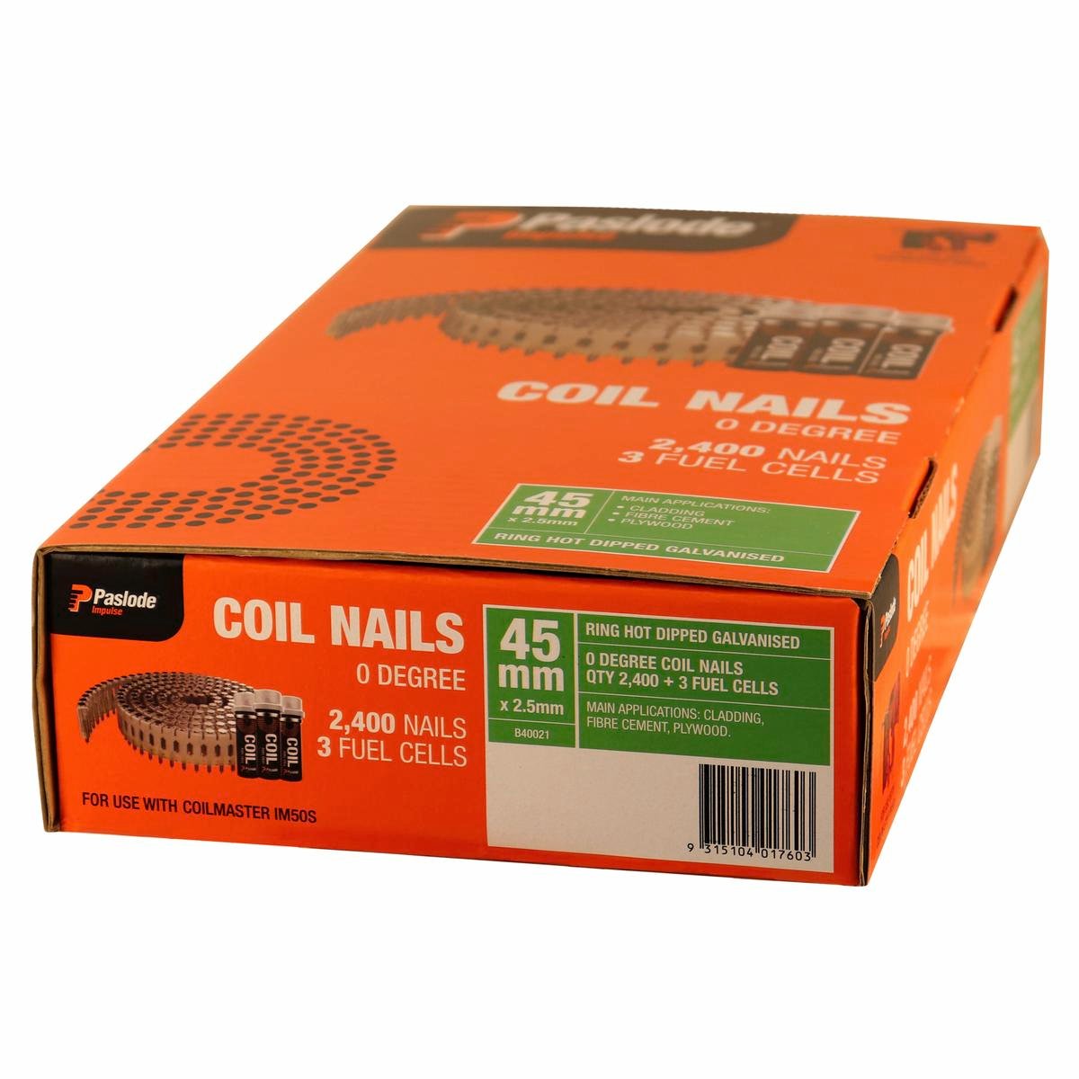 Paslode 45 x 2.5mm Impulse Hot Dip Galvanised Ring Shank Coil Nails 2400 Box Orange